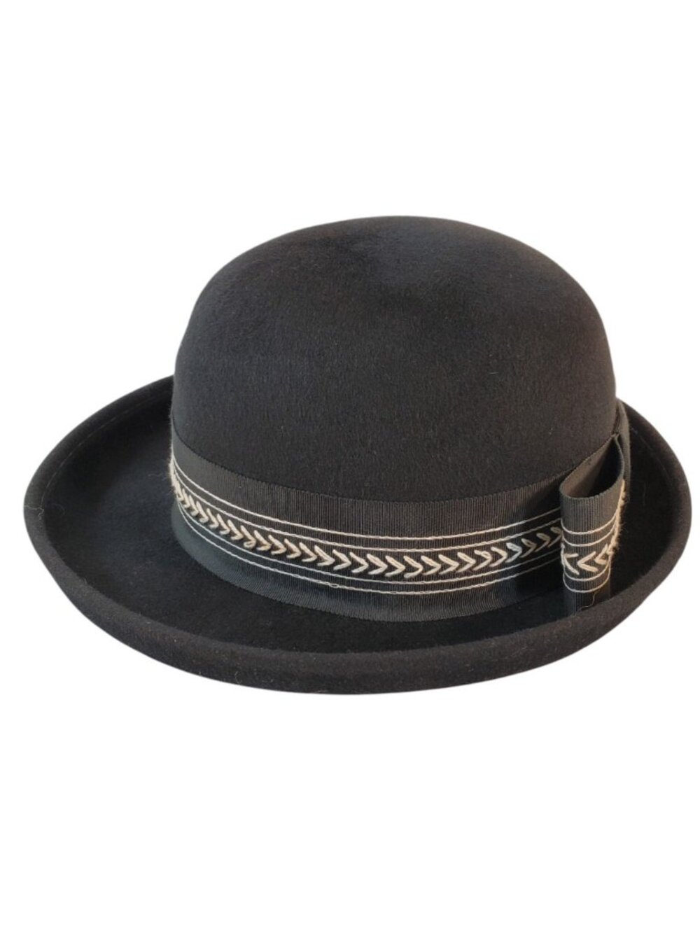 VTG Black Bowler Hat w/ Hat Band & Bow 100% Wool Peachfelt Henry Pollak New York